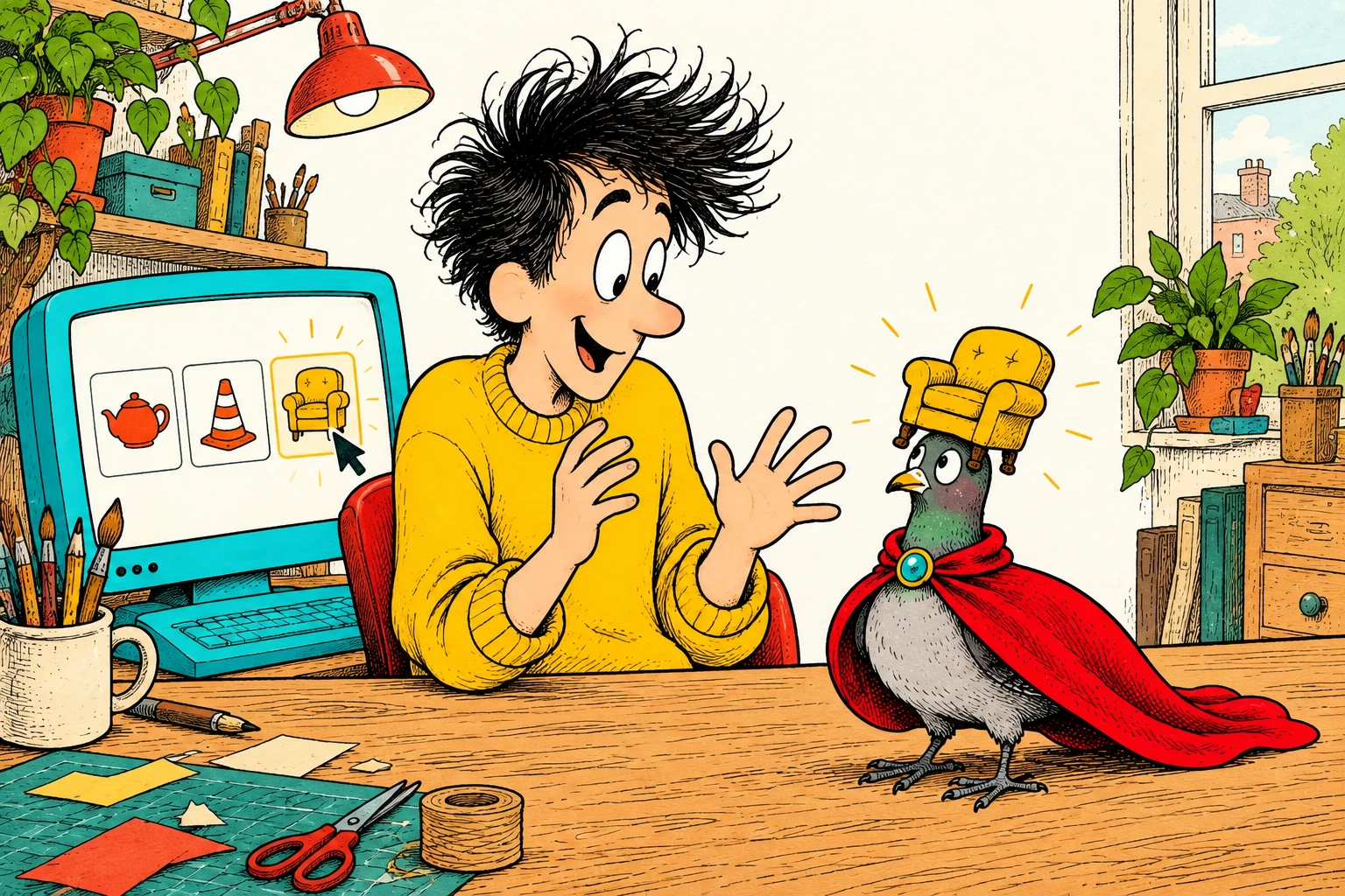 The maker tries a hat-picker website while the caped pigeon proudly wears a tiny upholstered chair.