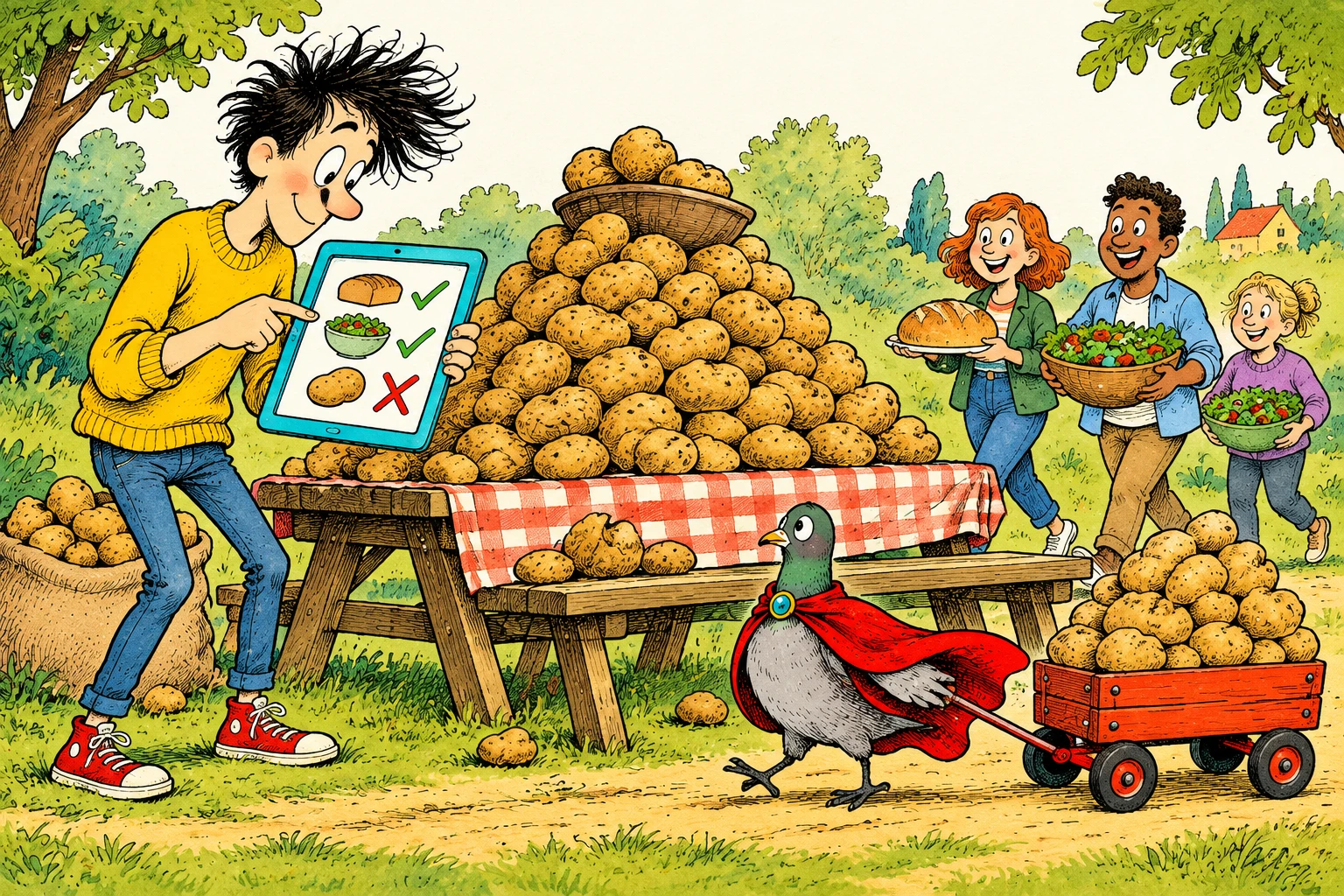 A potluck signup board shows bread and salad while the pigeon brings a wagon of potatoes to an already potato-filled table.
