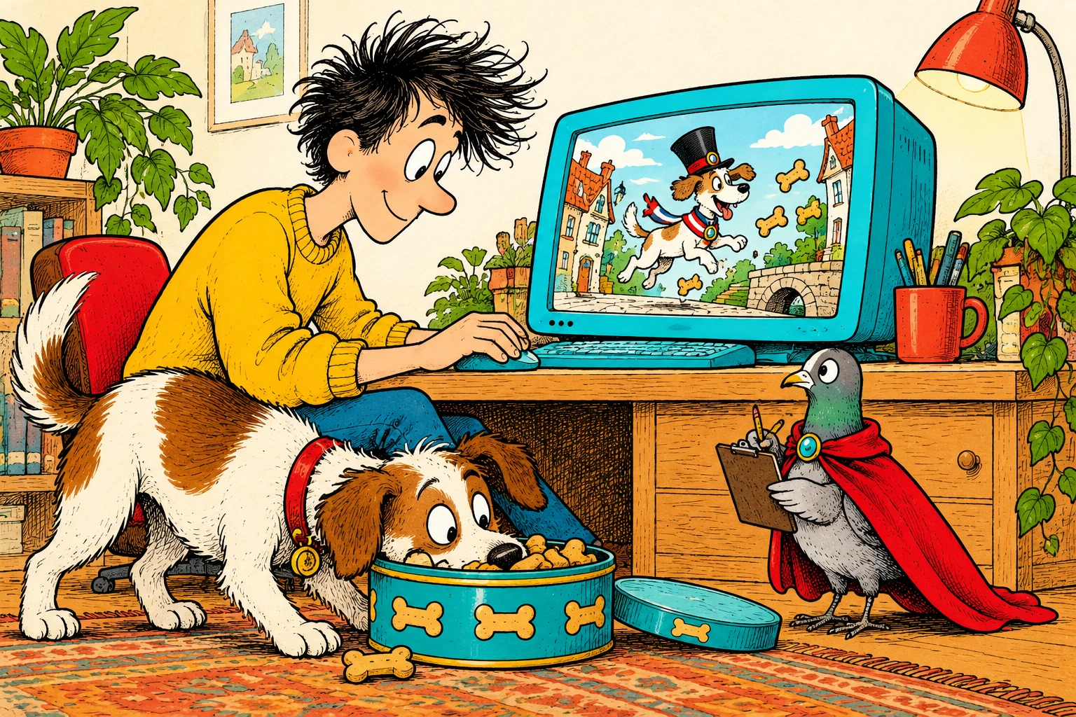 The maker plays a dog-mayor browser game while the real dog raids biscuits and the pigeon keeps notes.