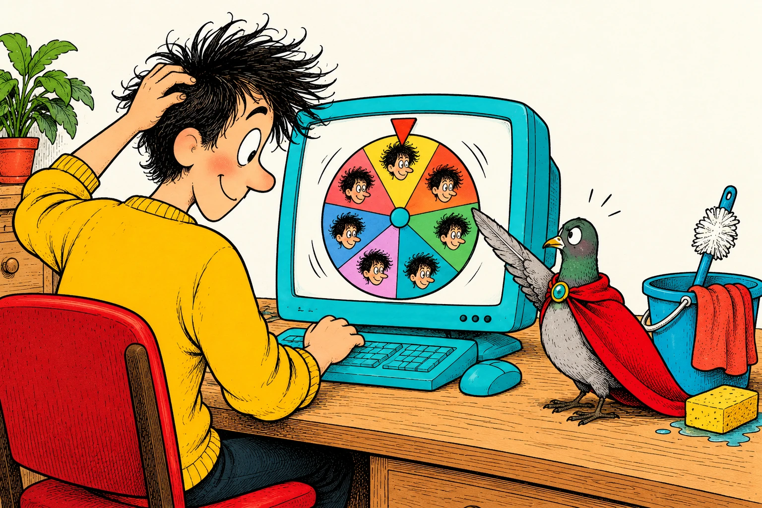 The maker discovers his chore spinner repeats his own portrait while the pigeon points at the wheel.